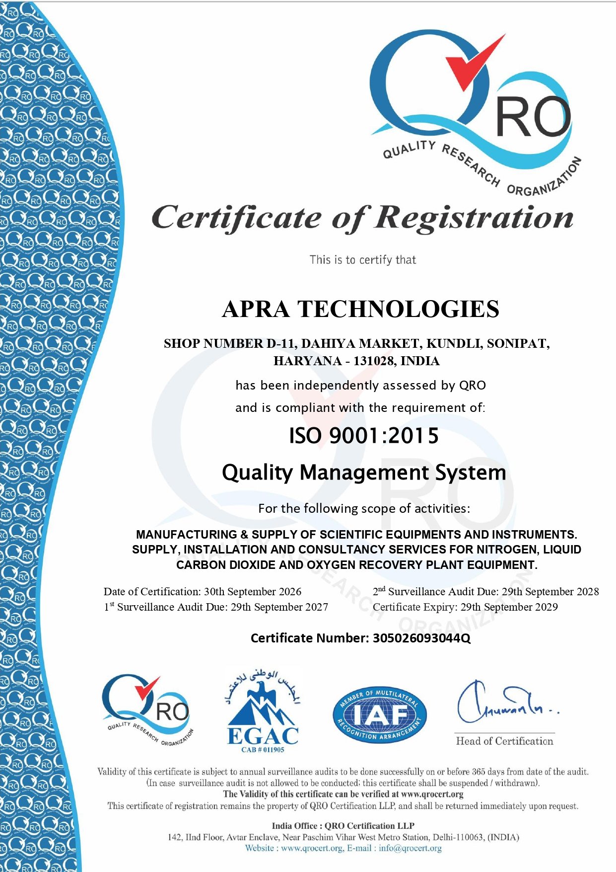 ISO 9001:2015 Certificate — Apra Technologies